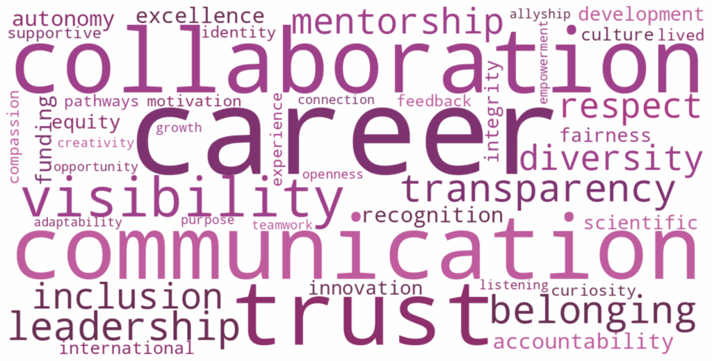 Word cloud of key positive themes from a recent research culture and equity audit I conducted. Prominent words include collaboration, mentorship, integrity, inclusion, belonging, innovation, and fairness – reflecting values shared by the community.